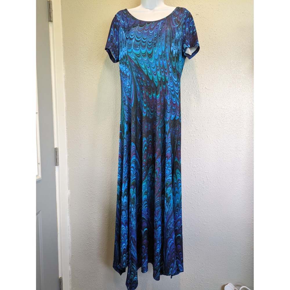 Lily by Firmana Blue Abstract Print Handkerchief Hem Midi Dress Med‎ artsy boho
